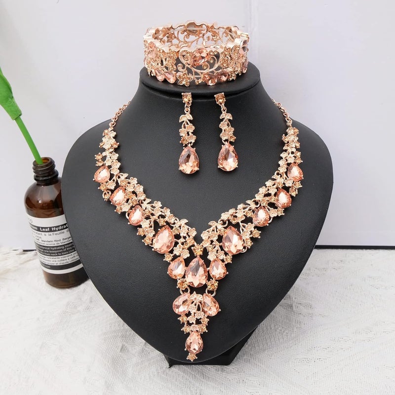 CSY Elegant Crystal Costume Jewelry Sets Flower Bridal Necklace Earrings Stretch Bangle Set for Bride Bridesmaid Wedding Dress Accessories - Image 3